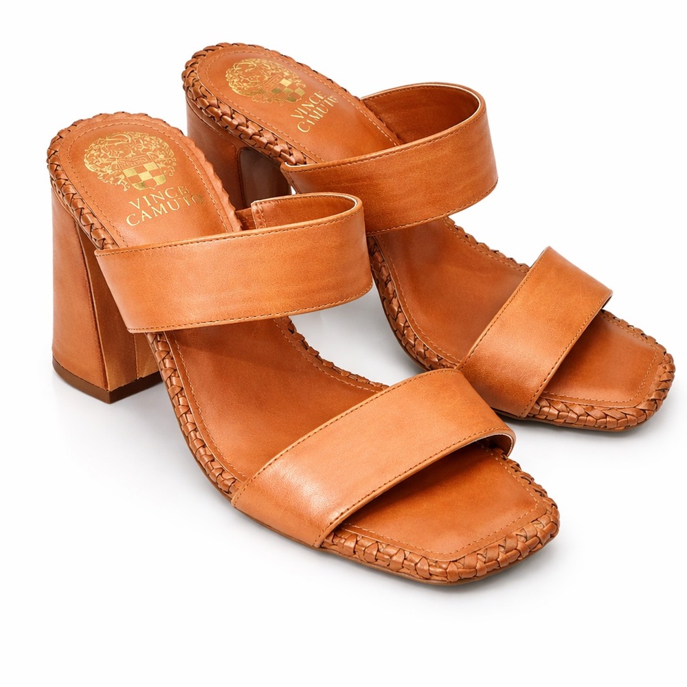 New! $110 Vince Camuto Women's Leather Brown Block Heel Sandals sz 9